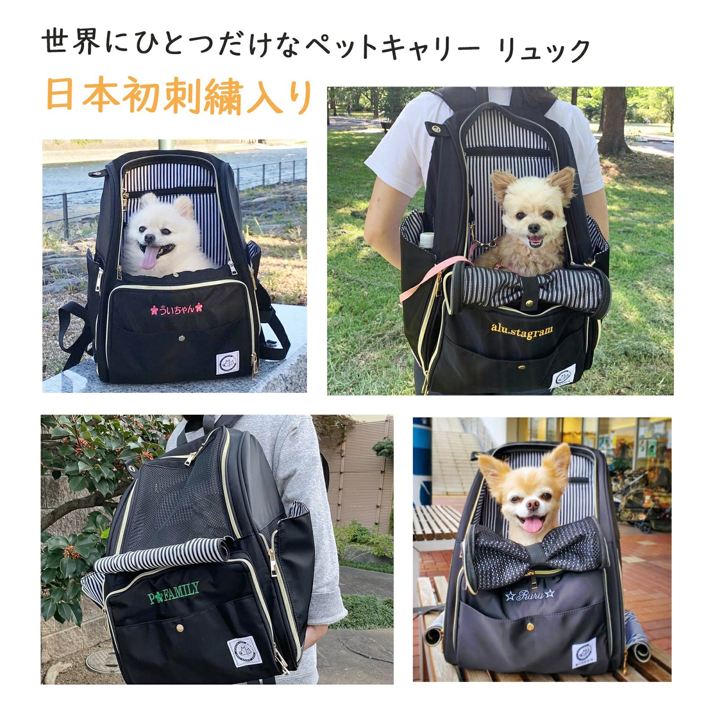 『WinSun』キャリーリュック《ストライプ》 小型犬(6kg以下),猫(8kg以下) 刺繍入り オリジナル