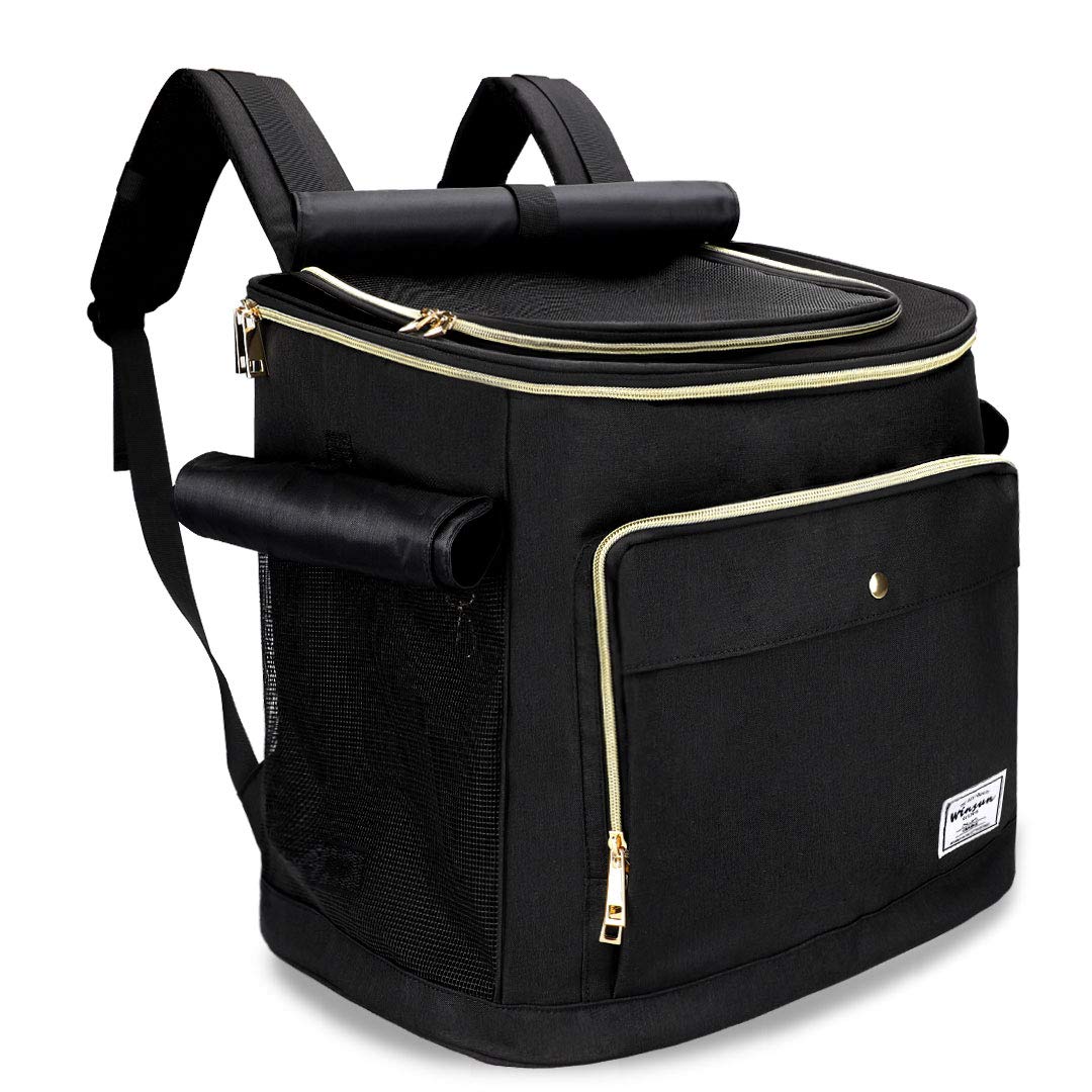 WinSun ペットキャリーバッグ バッグ リュック 犬キャリーバッグ 猫キャリーバッグ リュック 折りたたみ 中/大型猫 小型犬 3way仕様 通気性、安定性 引っかきや噛み傷に強い 旅行/通院/散歩/電車移動/避難用 (マット、飛び出し防止リード付き) ブラック